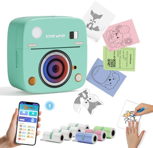 LX-D2 Mini Drucker, Tragbarer Thermodrucker, Bluetooth-Aufkleberdrucker mit 8 Rollen Aufklebern, kompatibel mit Smartphones und Tablets zum Lernen, Bilder, Quittungen, to-Do-Listen (Grüne Kamera)