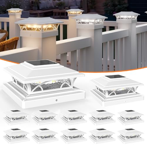 APONUO Solar Post Cap Lights 12 Pack - 4x4 5x5 6x6 Fence Post Lights, Auto On/Off, Waterproof IP64, 2-Mode (Warm/Cool White), Deck Patio Yard Solar Light for Wood & Vinyl Posts, White