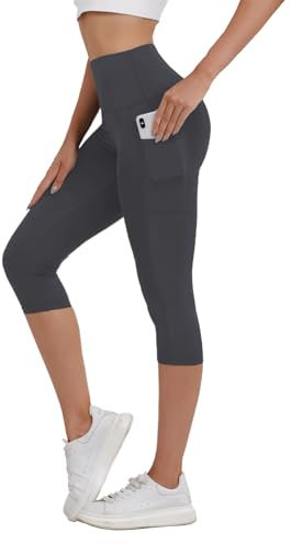 Merlvida Capri Leggings Damen High Waist 3/4 Sport Leggins mit Taschen Blickdicht Kurze Sporthose Elastische Sportleggins Schwarz 7/8 Hose Sommer für Yoga Gym Fitness