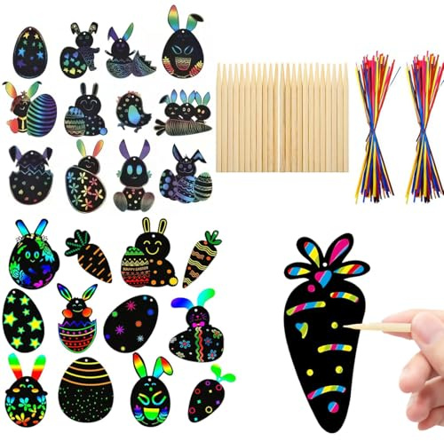 AWOGIPD 24 PCS Graffino per Pasqua, Scratch Art, Coniglio di Pasqua Scratch Art, Scratch Art Gratta Bambini, Carta Grattare Decorazioni Pasqua da Appendere