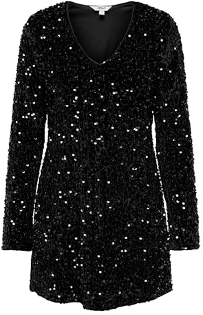 ONLY Onlanika LS Lentejuelas V-Neck Dress WVN Vestido con Cuello en V, Negro, L Mujeres, Negro, L