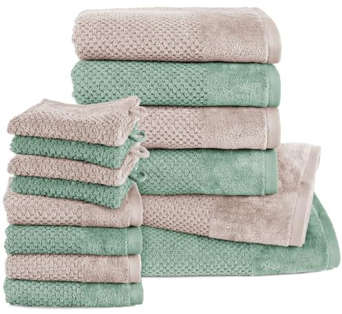 Pure Label 14.TLG. Handtücher Set aus Baumwolle, saugstark und weich - 2X Badetuch (70x140 cm) 4X Handtuch (50x100cm) 4X Gästetuch (30x50 cm) 4X Waschlappen (16x21 cm), Stein | Grün