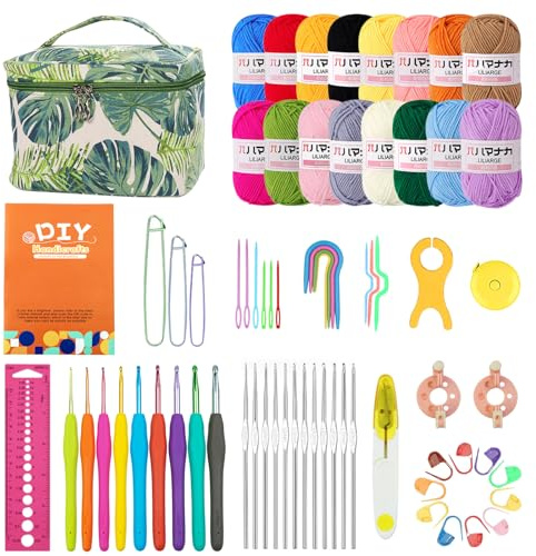 Beanewone Kit Uncinetto Principianti, Set Uncinetto Comprende 16 Colori di Filato e 21 Uncinetti Ergonomici di Dimensioni Standard, una Borsa Portatile e Istruzioni Dettagliate, Ideale Come Regalo