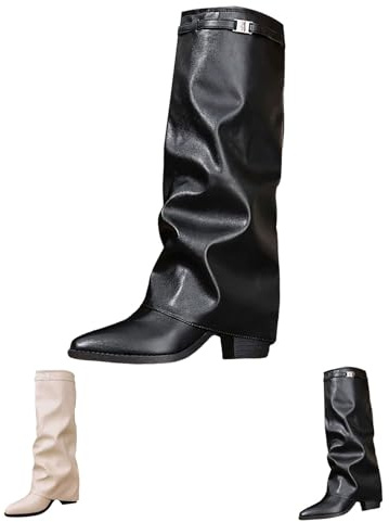 25lyp88_02_Black Fold Over Slouchy Knee high Boots Women Faux Suede Leather 6.5cm Chunky Block High Heel Round Toe Pull on Riding Biker Boots Western Style Long Shoes Dress Tall Boot Footwear UK 4.5