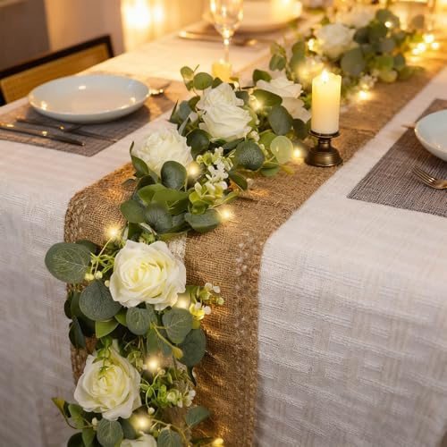 Solivya 2 Pack 5.9 FT Artificial Flower Garland with Lights, Fake Floral Garland with 12 White Roses, White Flower Decorations for Arch Table Centerpieces Backdrop Party Home Wedding Decorations