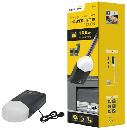 Schellenberg Motorisation de porte de garage Powerlift 1000 N, surface de but 16 m², force de traction 1000 N, inclus 2x 433,92 MHz émetteur manuel et clip pour pare-soleil pour télécommande, 60304
