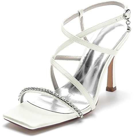 Gycdwjh 9.5cm Sangle Croisée Chaussures de Mariage à Bout Ouvert Strass Slingback en Satin Haut Talons Pompes Satinée Bout Carré Lacets Sandales,Ivoire,38 EU