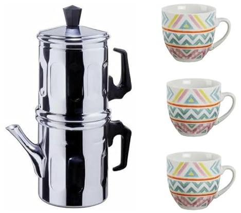 mille idee Caffettiera Napoletana3 tazze in Alluminio + Set 3 Tazzine da Caffè in Ceramica – Tradizionale Cuccumella per Caffè alla Napoletana – Manici Resistenti – Design Colorato