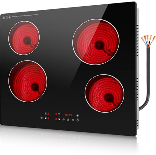 Alemania Placa Vitrocerámica 60 cm 4 Zonas 6000W, Placa Eléctrica con Control Táctil, 9 Niveles de Potencia, Temporizador 1-99 Min, Pausa, Mantener Caliente, Bloqueo Infantil