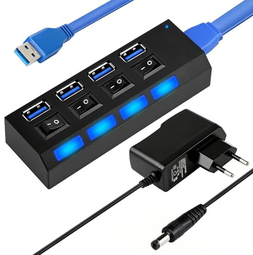 Hub USB 3.0 Alimentato, Hub USB 4 Porte con Interruttore LED Individuali, Splitter USB3.0 con alimentazione 5V 2A