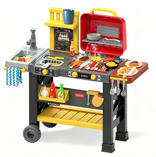 CATCHLUCK Kids BBQ Grill Playset, Play Kitchen Set with Light & Sound, Sink, Pretend Food Accessories, Outdoor/Indoor Role Play Toy Gift for Boys Girls 3+
