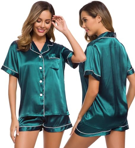 SWOMOG Pyjamas for Womens Silk Satin Pyjamas Set Two-Piece Sleepwear Loungewear Button-Down Pj Sets Green