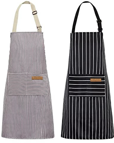 NLUS 2 Pack Kitchen Cooking Aprons, Adjustable Bib Soft Chef Apron with 2 Pockets for Men Women(Black/Brown Stripes)