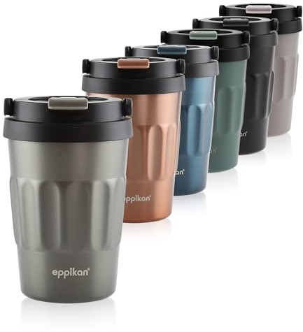 eppikan eppiCafé Edelstahl Thermobecher mit klappbarem Tragegriff - auslaufsicherer Coffee-To-Go-Becher für Kaffee und Tee 400 ml (Electric Grey)