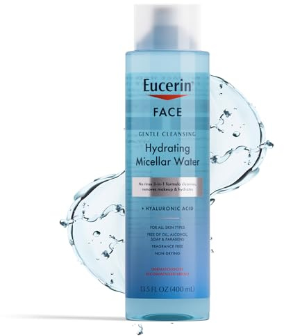 Eucerin Face Gentle Cleansing Hydrating Micellar Water with Hyaluronic Acid, Face Cleanser and Makeup Remover, Fragrance Free and Non-Drying for All Skin Types, 13.5 Fl Oz Bottle