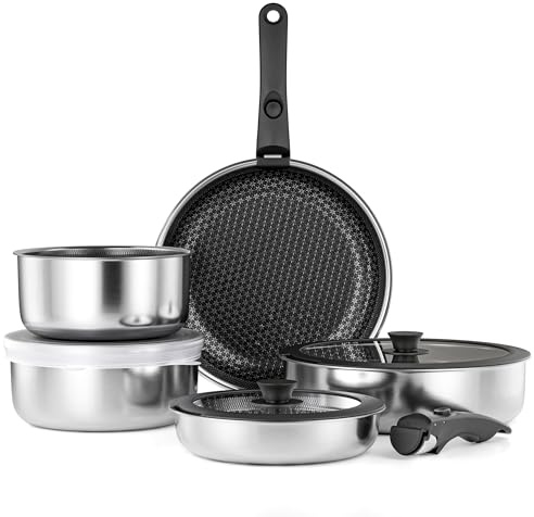 RIOVARM Edelstahl Töpfe und Pfannen Set Induktion Keramik Antihaft Pfannenset mit abnehmbaren Griffen Stapelbar Kochgeschirrset mit Glasdeckel Geeignet für Backöfen Spülmaschinenfest Topfsets