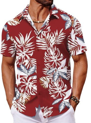 COOFANDY Hawaiian Shirts for Men Short Sleeve Palm Tree Shirt Holiday Shirts Lightweight Hawaii Beach Shirt Regular Fit Palm Leaves Red M