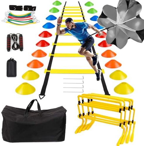 BJNCDIO Fussball Trainingszubehör, Fussball Trainingsset Koordinationsleiter Trainingsleiter, 20 Hütchen, Einstellbare Hürden, Widerstandsschirm, Springseil, Bänder, Fussball Geschenk Jungen (Gelb)