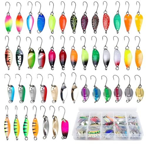 Set di cucchiaini per trota BORDEAG, 46 esche per trota, set di cucchiaini da pesca, set di cucchiaini per trota, set di cucchiaini e spinner per pesce persico, lucioperca, luccio, trota, esche da 2g