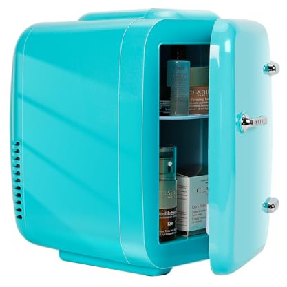 CAYNEL Mini Fridge, 4 Litres / 6 Cans, Small Fridge for Bedroom, 110 V AC/12 V DC, Thermoelectric and Beverage Heater, Office, Bedroom, Car, Blue
