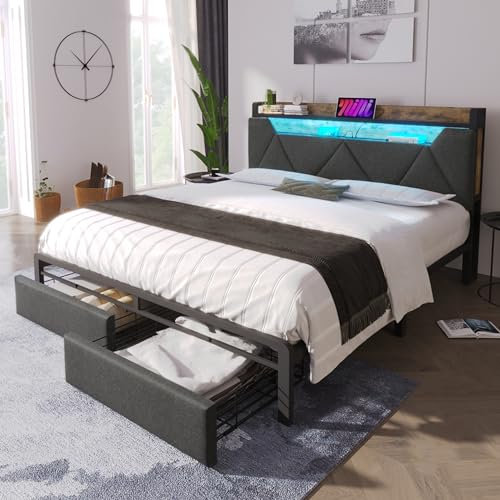 Merax 4FT6 Upholstered Bed Frame with Hidden Storage Headboard and Drawers, Stylish Double Bed with LED Lighting and USB Type-C Charging Function, Metal Slatted Frame, Linen, Grey, 135x190 cm