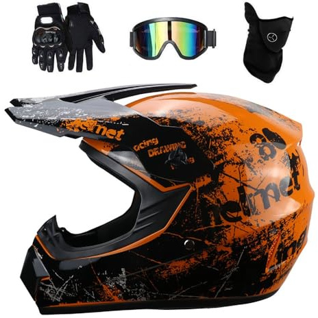 Double Sport Casque de Motocross, Jeunesse Enfants Intégral Tout-Terrain Courses Moto Casques, Descente BMX MTB VTT Enduro Quad Dirt Bike Casque, avec Lunettes Gants Masque(Orange,M/54-55CM)