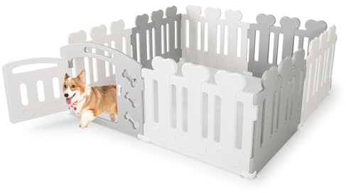 COSTWAY Parc pour Chien à 8 Panneaux avec Porte, Enclos Chien en HDPE avec Motifs d'Os Mignons, Barrière de Sécurité pour Petits Moyens Animaux Chiot Chat Lapin, 155 x 155 x 60 CM (Blanc+Gris)