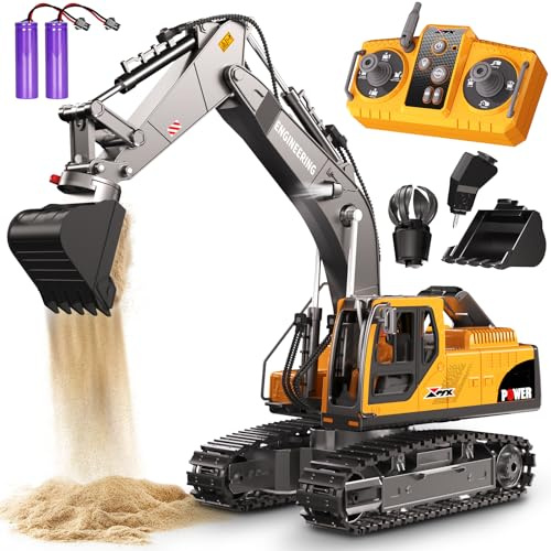 CozyBomB Construction Digger toys with 3 Interchangeable Heads & Light Effects,1:18 RC remote control car, Excavator Toys for Boys 3 4 5 6 7 8 9 10 11 12 Year Old Kids Christmas Birthday