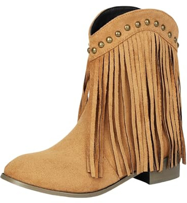 Generisch Chelsea Boots - Stivaletti da donna con frange, tinta unita, tacco chunky con punta rotonda da donna, casual, alla caviglia, alla moda, tacco corto, con cerniera, marrone, 35 EU