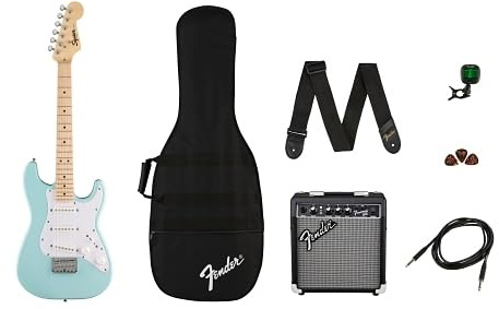 Fender FSR Squier Electric Mini Stratocaster Electric Guitar Pack, Daphne Blue, Ideal For Guitar Beginners. Includes Amp, Cable, Strap, Picks and Clip-On Tuner.