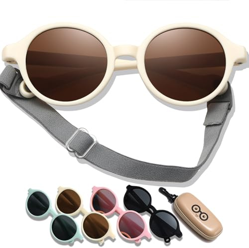 D Lolylad Baby Sonnenbrille 0-36 Monate, Polarisierte Kinder Sonnenbrillen Baby UV400 Schutz mit Riemen Verstellbar für Mädchen Jungen Kleinkind (Beige Rahmen/Teescheiben)