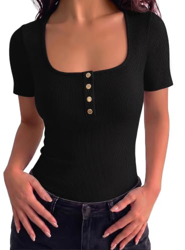 Gyabnw Camiseta Mujer Manga Corta Cuello Cuadrado con Botones | Tejido acanalado, corte ajustado, diseño elegante, para verano y uso casual