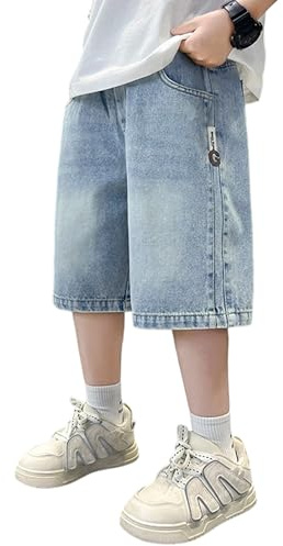 Rolanko Boys Baggy Jeans Shorts, Elastic Waist Pull on Wide Leg Knee Length Summer Denim Shorts for Tween Kids
