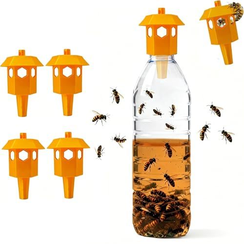Trampa Avispas Exterior – Pack de 4 Trampas Selectivas para Avispones Asiáticos – Adaptador de Embudo para Cuellos de Botella (20–21 mm de DI) – Jardín, Patio, Huerto, Balcón y Áreas al Aire Libre