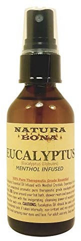 Eucalyptus Spray Bottle for Steam Room & Shower; 2oz Amber Glass Fine Mist Pure Essential Oil Sprayer Infused with Menthol Crystals