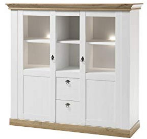 Beauty.Scouts Highboard Côte d’Azur, Pinie weiß/Wotan Eiche NB, 148 x 139 x 44 cm, Schrank, Wohnzimmer, Kommode, Hochkommode, Wohnzimmerschrank Ausführung mit Beleuchtung