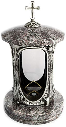Élégante Lanterne Funéraire Anthracite Avec Croix en Granit Orion Clair, Hauteur 27 cm/Ø 15 cm, Socle Décoratif en Bronze