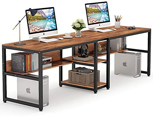 Tribesigns Schreibtisch, Computertisch mit Regalen, 200 cm Doppelschreibtisch, Bürotisch für Zwei Personen, rustikaler Langen Schreibtisch mit Ablage für Heimbüro, Vintagebraun-Schwarz