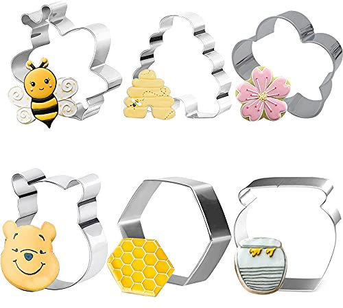 KUKIFUN 6Pack Bee Cookie Cutters Set, Beehive,Honey Jar,Winnie the Pooh,Flower Shapes Stainless Steel Biscuit Molds for Honey Bee Party Baking Muffins Sandwiches Cake Fondant Birthday Decoration