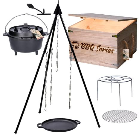TP Premium BBQ Dutch-Oven Tripod Set, 7-teilig mit Feuer-Topf, Dreibein, Pfanne aus Gusseisen, Grillrost inkl. Grill-Zubehör und Holzkiste, ideal als Geschenk-Set