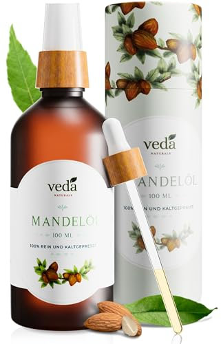 Veda Naturals Aceite de almendras (100 ml) prensado en frío, vegano, 100 % puro y natural (Prunus Amygdalus Dulcis) libre de ingeniería genética, probado en laboratorio