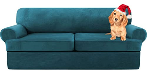 Sofa Cover,T Cushion Sofa Cover Velvet Non-Slip T Cushion 1/2/3 Seater Couch Cover with Individual T Cushion Seat Cover with Elastic Bands Furniture Slipcovers Protector (Deep Blue,X-2 Seat-3 pieces)