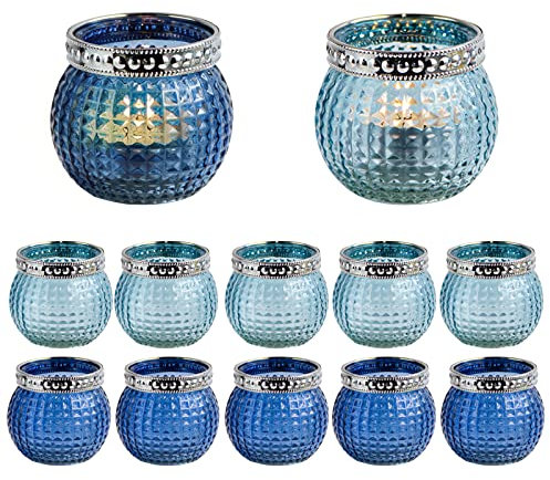 MJ PREMIER Teelichtgläser (12 STK),Windlicht Glas Set Votivkerzenhalter aus Vintage Teelichthalter Rund Windlicht Tischdeko Wohnzimmer Geschenk,Aromatherapie, Hochzeit, Party Deko Blau 5,9x6,6cm