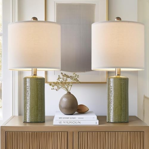G-SAFAVA 20.25 Small Table Lamps Set of 2 Modern Ceramic Lamps for Living Room Farmhouse Bedside Lamps Boho Lamps for Night Stands Green Bedroom Lamps Side Table Lamps End Table Lamps