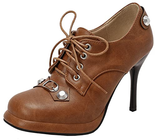 CUTEHEELS Escarpins à lacets vintage pour femme avec pointe carrée et talons aiguilles, marron, 39 EU