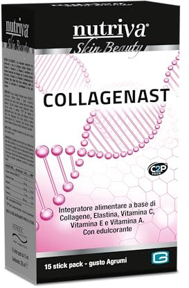 NUTRIVA Collagenast, Integratore Alimentare con Collagene. Elastina, 2,5g di Collagene idrolizzato, Vitamina E, A, C. Integratore Pelle, 15 buste. Antirughe Donna uomo long lasting, da Bere