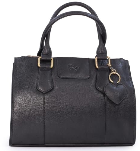 Gigi - Damen Leder Henkeltasche - Handtasche Mittelgroß - mit Herz Schlüsselring - GIOVANNA 9046 - Schwarz