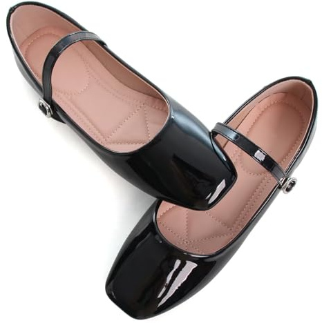 WENJIAZHIZHI Women's Mary Jane Flats Comfortable Square Toe Ballet Shoes Patent Leather Dressy Casual Slip-Ons Ballerina Walking Flats Black Size 10