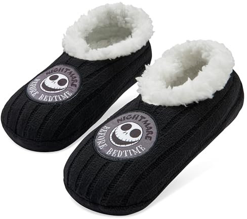 Disney Nightmare Before Christmas Damen Ballerina Hausschuhe, Kuschel-Plüsch Hausschuhe - Geschenk für Frauen (Schwarz)