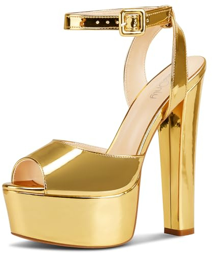 NobleOnly Femmes Haut High Bloc Chunky Plate-forme Talon Heel Ouvert Bout Lanières Cheville Sandales Danse Party Dress Slingback Chaussures 15 CM Heels Or Vernis 38 EU